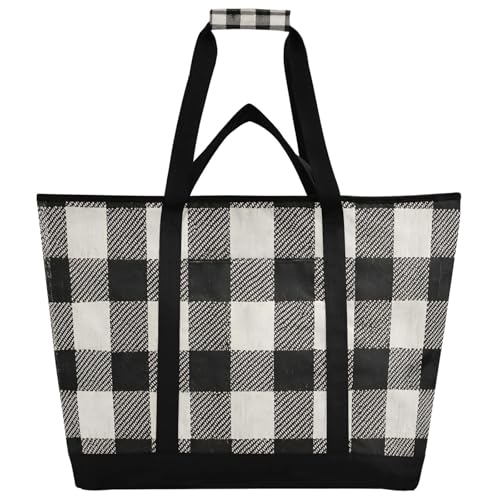 Black White Buffalo Plaid Large Insulated Tote Bag for Grocery Shopping Reusable Tote Bags for Women Men, Cooler Bag with Zippered Top & Handles for Beach Picnic Travel