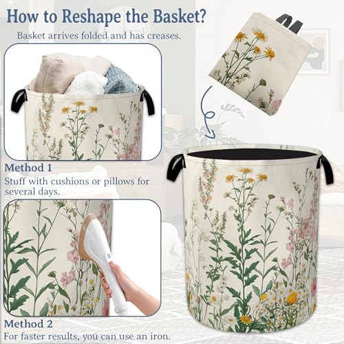 Image of Wildflowers Laundry Hamper With Handle,Foldable Oxford Cloth Vintage Herb Flower Botanical Laundry Basket,20.8 inchx16 inch Clothes Storage Basket for Laundry Room /Bedroom /Bathroom