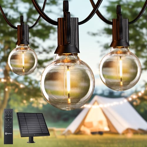 Brightown 75FT Solar String Lights Outdoor Waterproof with Remote, Solar Patio Lights with 35 Shatterproof LED Bulbs, 3 Light Mode, Dimmable & Timer, Hanging String Lights for Porch Garden Bistro