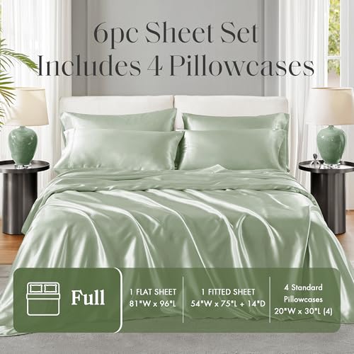Image of Madison Park Essentials Satin Sheets Full Size Bed Set, 6 Piece, Sage | Luxury and Smooth Silky Bedding with Natural Sheen, All Around Elastic 14 inch Pocket fits up to 16 inch Mattress, Year-Round Cozy