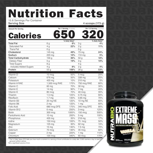 nutrabio extreme mass gainer protein powder 53g protein clean weight gainer increase muscle mass full spectrum amino acid - vanilla 6 pound
