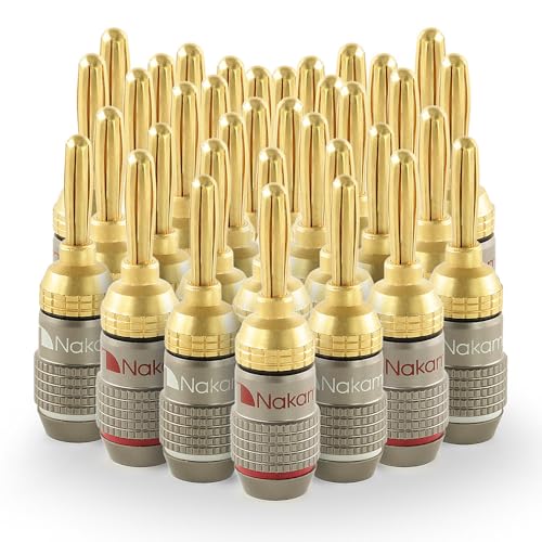 Nakamichi FanLock Excel Series 24k Gold Plated Banana Plugs 10 AWG - 18 AWG Gauge Size 4mm for Speakers Amplifier Hi-Fi Stereo Home Theatre Radio Audio Wire Cable Quick Connector, 36 Pcs (18-Pairs)