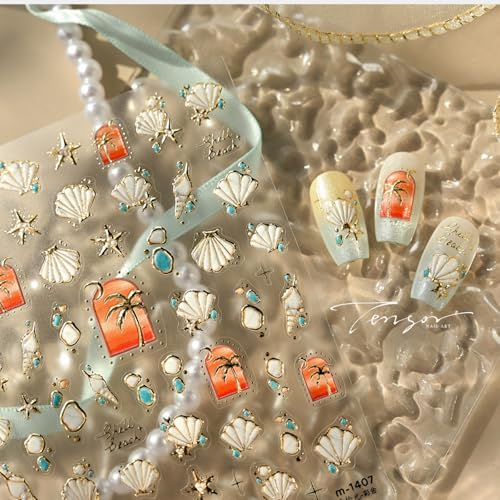 Image of Ocean Shells Nail Stickers with Gilded Design Summer Nail Art Stickers Coconut Tree Nail Decals 5D Embossed Self Adhesive Retro Style Manicure Charms Decoration for Women
