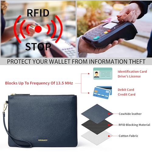 Image of DORIS&JACKY Women Leather Clutch Purse and Phone Wallet with Wristlet Strap | Soft Designer Evening Party Bag, Thin Slim RFID Blocking Cellphone Pouch Case, Formal Casual Handheld Premium Little Purse