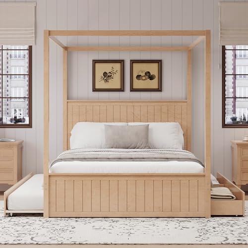Merax Modern Queen Size Canopy Platform Bed with Trundle and Three Storage Drawers,4-Post Solid Wood Bed Frame with Headboard,No Box Spring Needed,Natural