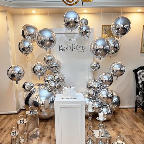 Image of 14 Pcs Silver Round Foil Balloons 22 /15 /10 4D Ball Balloons Metallic Silver Balloon Ornament Mylar Balloon Chrome for Graduation Birthday Wedding Anniversary New Year Disco Party Decorations
