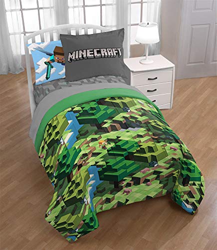 Image of Minecraft Creeper Twin Comforter Set 5 Piece Kids Bedding for Boys, Green