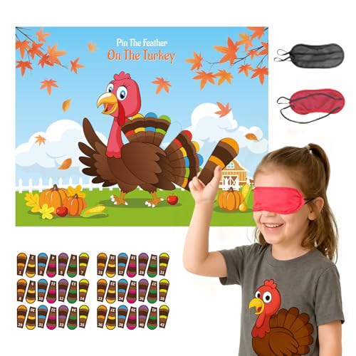 Haunt Couture Pin the Feather on the Turkey Game - Ultimate Thanksgiving Party Games for Kids & Adults - Reusable Family Fun Activity