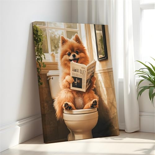 Image of Pomeranian on Toilet Wall Art Print Canvas Wrapped, Dog Bathroom Humor Decor Posters Prints for Restroom Home Picture Painting Artwork Gallery 7 (Pomeranian, 20 inchL x 16 inchW CANVAS, Wrapped Canvas)