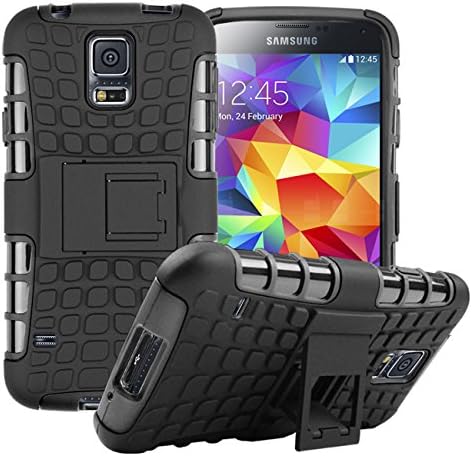 S5 Case, for Samsung Galaxy S5 Case, [Tyre Design] Tough Armor Case Dual Layer Protection Hybrid Cover Stand Cover [Good Grip] Shock Drop Bump Impact Resistant Cover (Free Premiums: 1x Stylus Pen+1x Screen Protector)(Black)