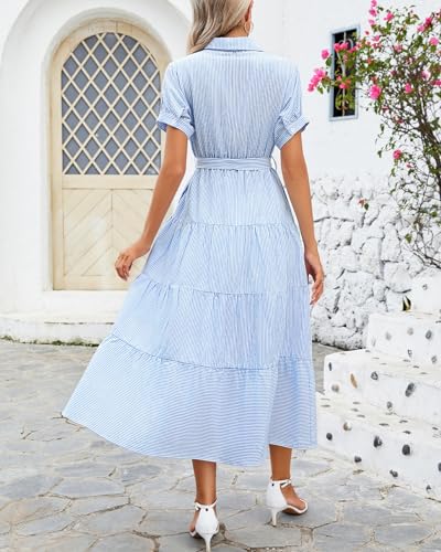 Image of Ladyful Women Striped Shirt Maxi Dress Short Sleeve Tie Waist Long Dress