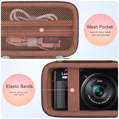 Image of Elonbo Camera Case for Panasonic LUMIX ZS99 / TZ99 / ZS80 / ZS70 / ZS300 / ZS200 / ZS100 / LX10 Point and Shoot Camera. Panasonic LUMIX Digital Camera Carrying Case. Mesh Pocket fits Battery, Coffee color