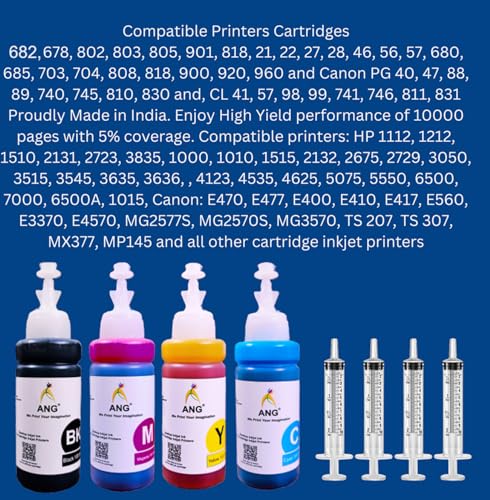 Image of ANG Compatible Refill Ink for Cannon Pixma Printer 400ml Suitable for E500, E510, E400, E410, E560, E470, E480, E417, E600, E610, E477 MG Series, MP Series, IP Series etc. with 4 Syringes