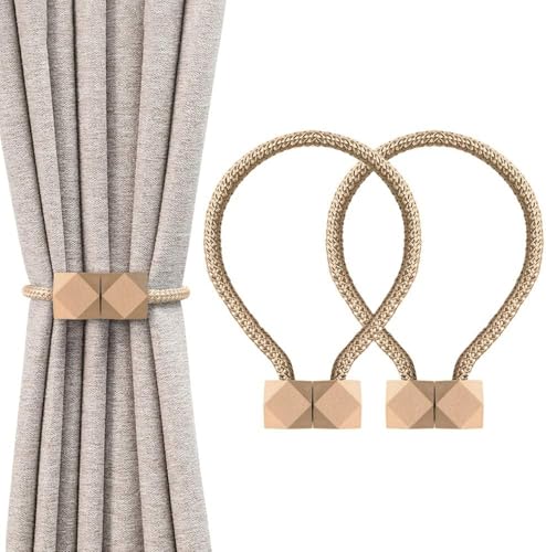 Image of INOVERA (LABEL) 2 Pieces Magnetic Windows Curtain Tiebacks -Decorative Curtains Holders Rope Holdbacks - Drapery Binding Tie Backs for Home, Office (Beige)
