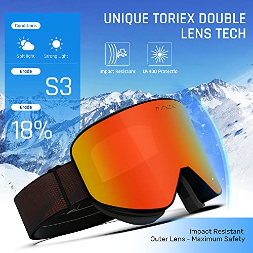Torege Ski Goggles Anti Fog Dual-Layer Uv Protection Snowboard Goggles Otg Snow Goggles For Men Women Tg07 (Matte Black Frame & Revo Red Lens) #TOP2
