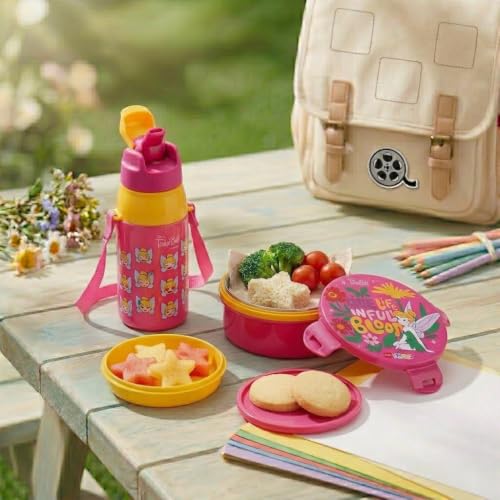Image of CELLO Kidzbee Star Gift Set Combo for School Kids Pink | 3D Touch & Feel Tinkerbell Design Airtight Clip Lock Insulated Lunch Box 390ml with Leak Proof Flip Top Sipper Water Bottle for Kids Boys Girls