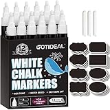 GOTIDEAL White Liquid Chalk Markers, 12 Pack Chalkboard Markers, Chalk Pens for Car Windows, Signs, Blackboard, Glass Painting, Erasable 6mm Reversible Chisel & Bullet Tip-…
