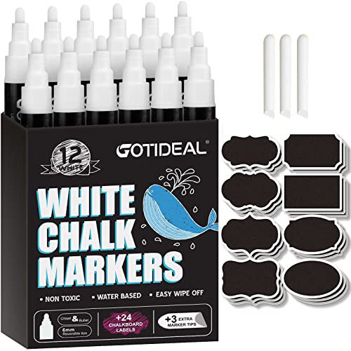 GOTIDEAL White Liquid Chalk Markers, 12 Pack Chalkboard Markers, Chalk Pens for Car Windows, Signs, Blackboard, Glass Painting, Erasable 6mm Reversible Chisel & Bullet Tip