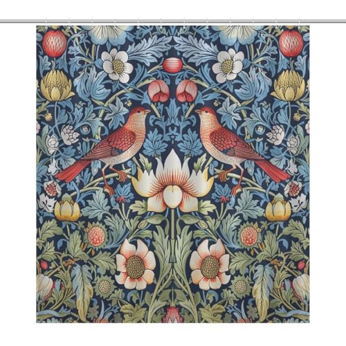 William Morris Shower Curtain,Original Design Vintage Flower Birds Elegant Animal Pattern Print Shower Curtains Sets Polyester Waterproof Fabric Decor Bathroom Curtain 66"×72" Inch With 12 Hooks