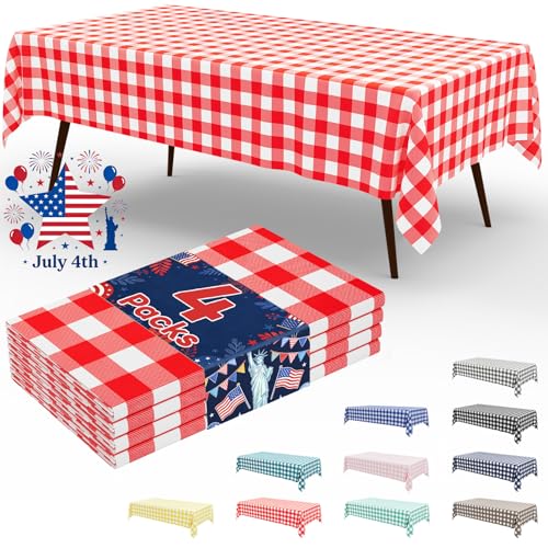 misaya 4 Packs Buffalo Disposable Table Cloth, 54 x 108 Inch Waterproof Plastic Tablecloth, Rectangle Red and White Checkered Table Covers for Picnic, Birthday, 4th of July Party