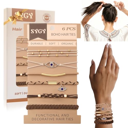 6 PCS Hair Ties Bracelets for Women, Boho Hair Ties for Thick & Thin Hair, Elastic Hair Bands That Double as Stylish Jewelry, Dual-Use Stretch Bracelets, Hand-braided Ponytail Holders, Evil Eye Theme