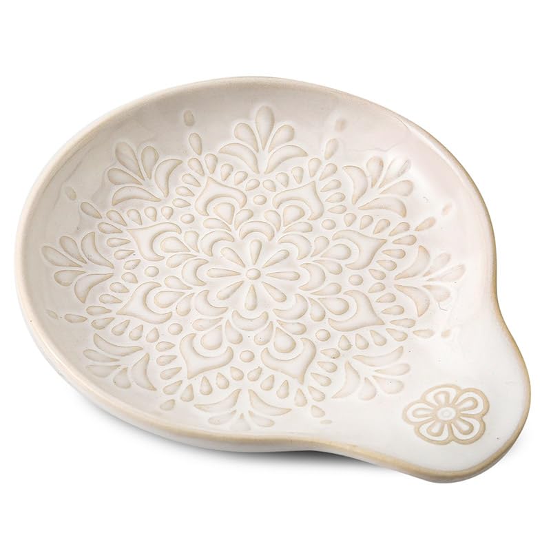 Image of Farmhouse Ceramic Spoon Rests Holder for Kitchen Counter Stove Top (White-A2)