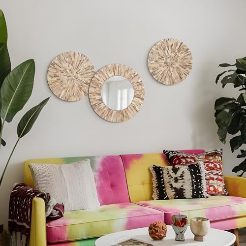 Boho Mother of Pearl Decorative Wall Mirror for Living Room,Brown - Image 4