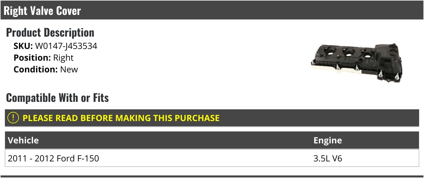 Marketplace Auto Parts Right Passenger Side Engine Valve Cover - Compatible with 2011-2012 Ford F-150 3.5L V6