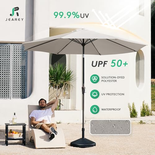 Image of JEAREY 9FT Outdoor Patio Umbrella Outdoor Table Umbrella with Push Button Tilt and Crank, Market Umbrella 8 Sturdy Ribs UV Protection Waterproof for Garden, Deck, Backyard, Pool (Fog Gray)