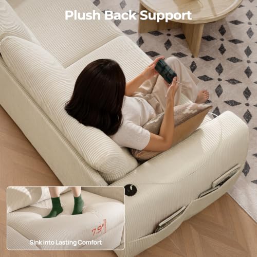 Image of 88.6 inch Modern Storage Loveseat Sofa, Small Couches for Living Room, Beige | Corduroy, USB Charging, Pull-Out Storage, Deep Seat, Comfy Love Seat for Small Spaces, Apartment, Bedroom, Dorm, Office