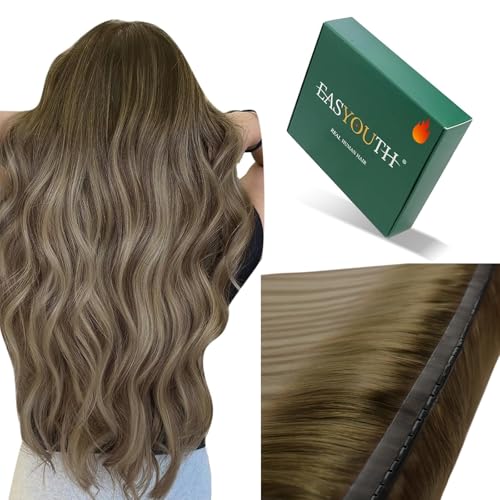 Image of Easyouth 80g Butterfly Weft Human Hair Extensions Balayage Human Hair Extension Sew in Dark Brown Ombre Light Brown with Blonde PU Hole Weft Extensions Breathable 16 In Invisible Genius Weft Extension