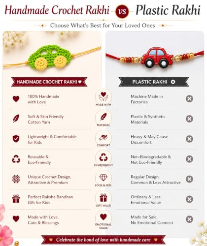 Image of Handmade Crochet Car Rakhi for Kids | Pack of 3 | Soft Cotton Yarn | Adjustable Thread | Skin Friendly | Reusable Bracelet for Raksha Bandhan Gift