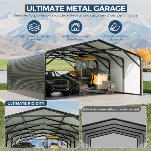 Image of 20x26 FT Heavy Duty Carport with Structural Reinforcement | 2-Sided Enclosure | Galvanized Steel Roof| Ground Anchors | Snow /Wind Resistant | Fits Trucks, RVs, Pickups, Boats, Tractors, SUVs