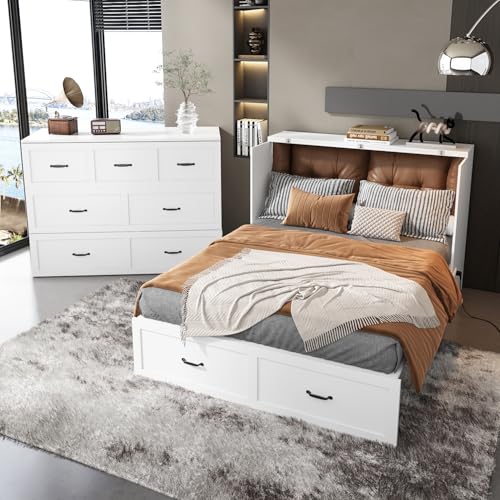 Image of FUNISIR Queen Size Cabinet Bed with Charging Station, Queen Size Murphy Bed Cabinet with Large Storage Drawer, Hidden Murphy Bed Chest Foldable Platform Bed for Bedroom, Guestroom, White