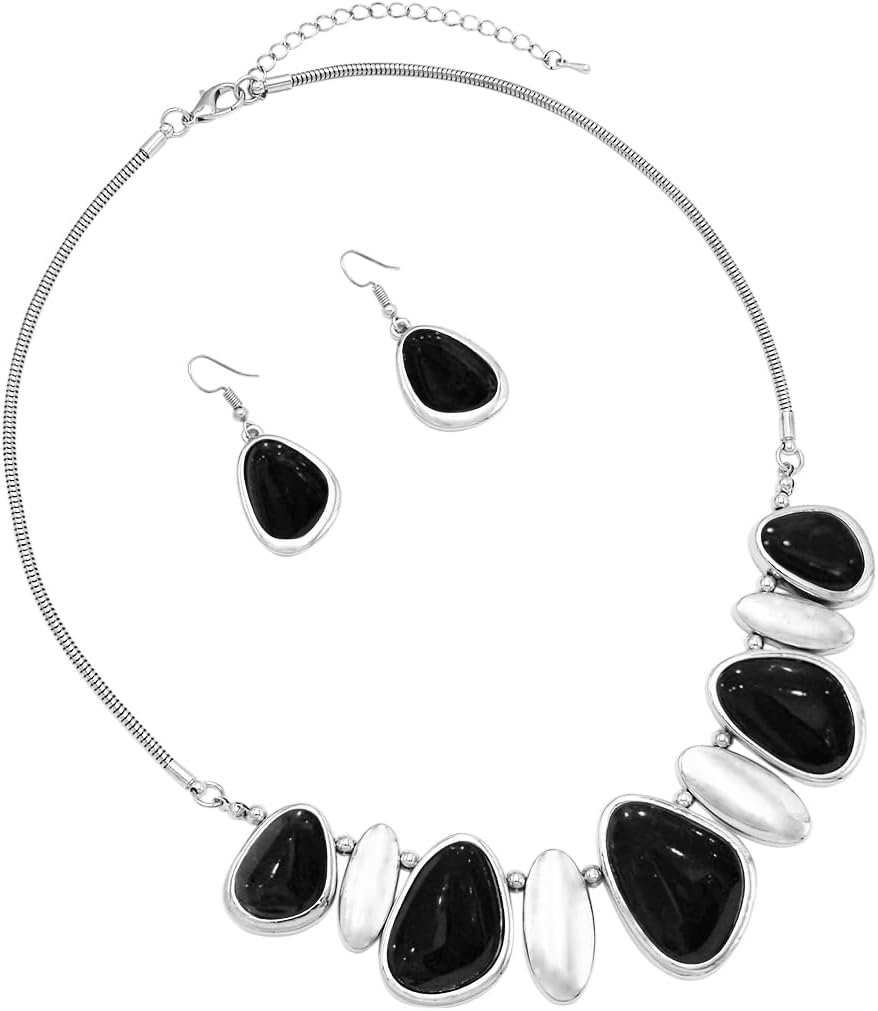 Rosemarie & Jubalee Women's Unique Contemporary Polished Silver Tone Western Style Natural Howlite Necklace Earrings Set, 18"+3" Extension