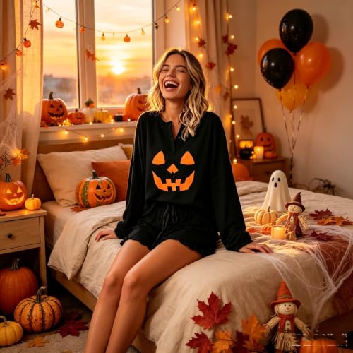 Image of Roshop Halloween Pajama Women's Pumpkin Matching Top & Shorts Loungewear Set