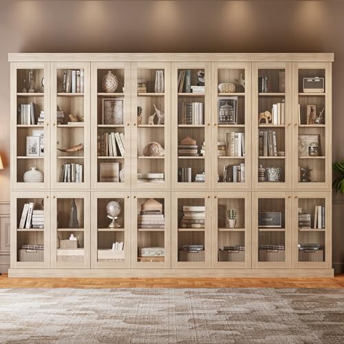 Image of Vyre 70.8 inch Bookshelf with Glass Doors, Farmhouse Modular Bookcase with 6-Tier Adjustable Shelves, Large Storage Cabinet for Living Room & Home Office, Set of 4, Brown