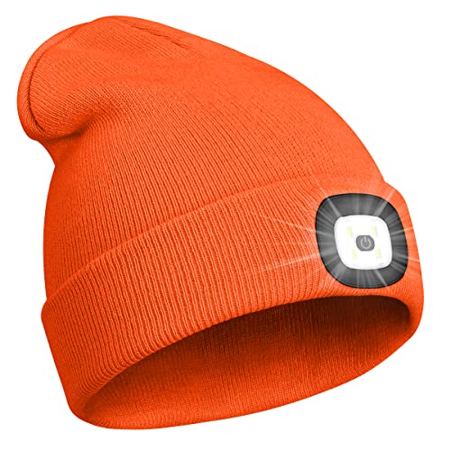 PRAVETTE Unisex Beanie Hat with The Light Gifts for Women Men Dad Father USB Rechargeable Hand-Free 4 LED Headlamp Cap