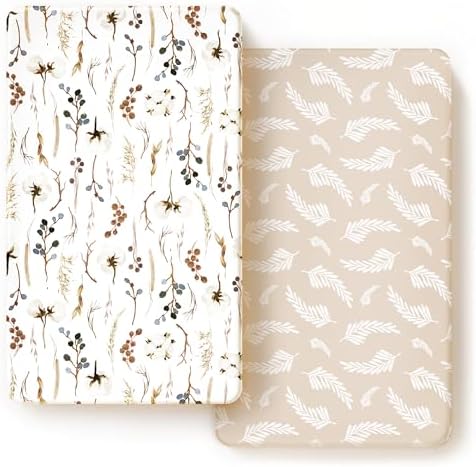 Stretch Ultra Soft Jersey Knit Fitted Crib Sheets Set 2 Pack, Fits All Standard Crib Mattress Pads Safe and Snug, Stylish Pretty Flora for Baby, Beige