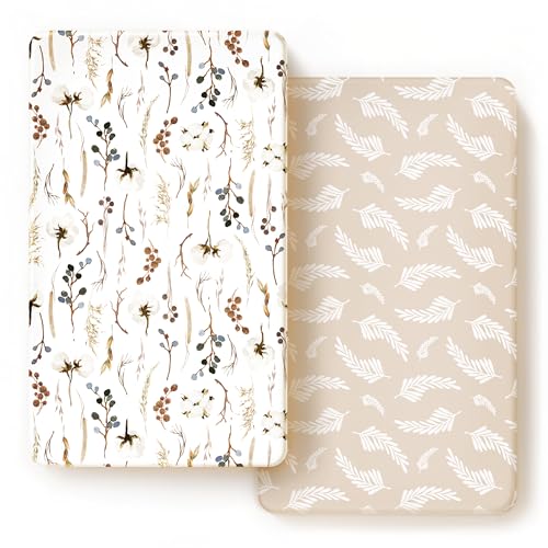 Image of Stretch Ultra Soft Jersey Knit Fitted Crib Sheets Set 2 Pack, Fits All Standard Crib Mattress Pads Safe and Snug, Stylish Pretty Flora for Baby, Beige