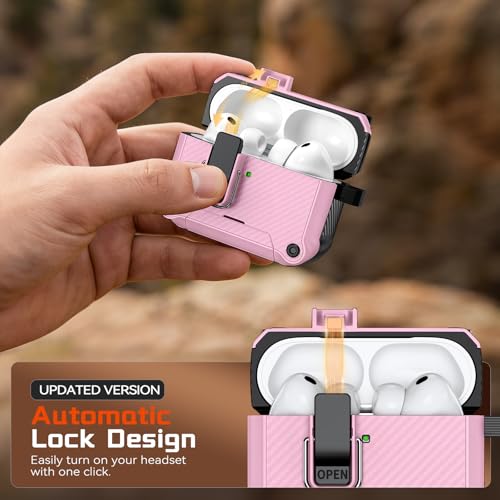 Image of Inesore for AirPods Pro 3 Case with Secure Lock (Pink) | Phone Stand Design,Compatible with MagSafe,Automatic Snap Switch Secure Cover Carbon Fiber Texture with Cleaner Kit