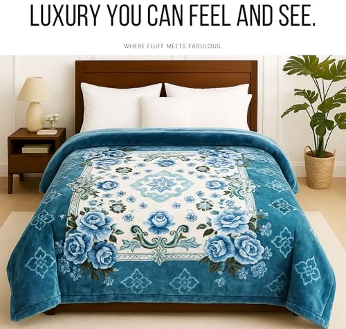 Image of VAS COLLECTIONS Plush Fleece Mink Blanket | 3.5 Kg, 700 GSM | Ultra Soft, Warm & Luxurious Heavy Blanket for Double Bed (Blue & Peach, 220x225 cm)