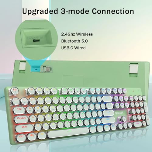 Image of Redragon K710 Wireless Typewriter Mechanical Gaming Keyboard, Bluetooth /2.4Ghz /Wired, RGB Led Backlit, Blue Switch - Clicky, Rechargeable, Solid Metal Panel, Round Keycaps, Green