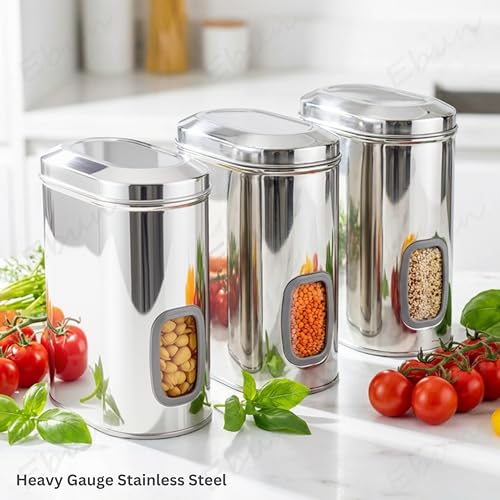 Image of Ebun Stainless Steel See Through Containers | Stainless Steel Container with Lid | Capsule Shape Steel Kitchen Containers Set | Steel Airtight Container | 2 Kgs Capacity Approx | Pack of 3