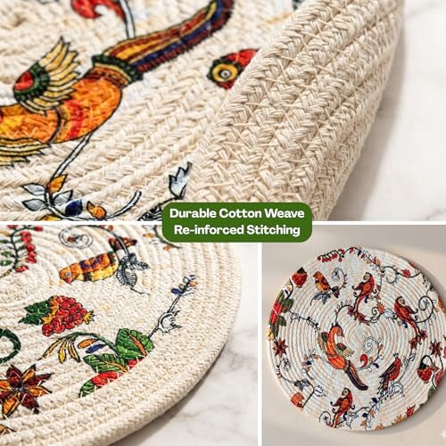 Image of Premium Round Cotton Dining Table Mats Set of 2 | Washable Heat Resistant Food Mat | Circular Dining Table Hot Plate Mats & Coaster for Hot Utensil (14-inch, Boho Quilt /Beige)