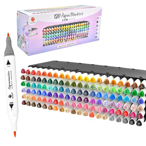 Decotime - Set di 120 pennarelli Aqua a doppia punta, formato XXL, impilabili, set di pennarelli ad acquerello, atossici, per bambini dai 3 anni in su, pennarelli professionali per arte e