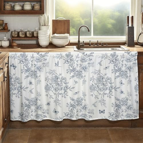 Rideaux courts bleus vintage pour cuisine et meuble bas