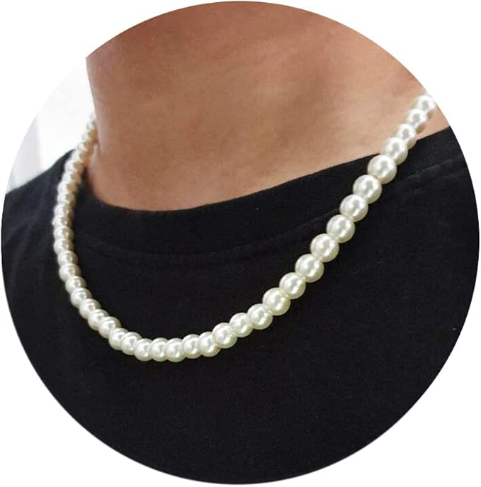 Mens Pearl Necklace 6mm 8mm White Round Pearl Necklace for Men Pearl