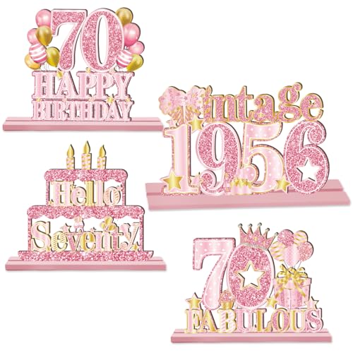 4Pcs Pink Rose Gold 70th Birthday Decorations Vintage 1956 Wooden Table Centerpieces for...