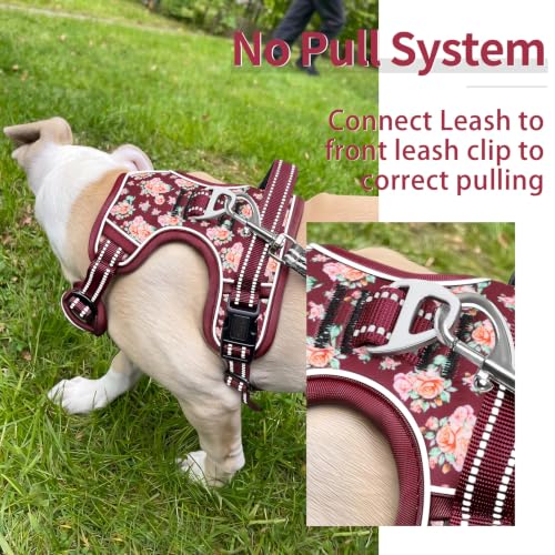 Image of HEELE Dog Harness, Reflective, No Pull No Choke, Flower Burgundy, S | Front Clip for Small Dog Harness, 2 Metal Rings with Handle, Adjustable, Soft Breathable Padded Pet Vest for Night Walking
